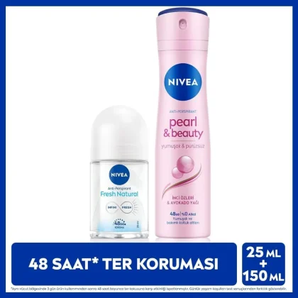 Nivea Kadın Sprey Deodorant Pearl&Beauty 150ml ve Mini Roll-on Fresh Natural 25ml, Ter Koruması