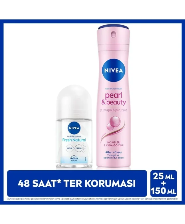 Nivea Kadın Sprey Deodorant Pearl&Beauty 150ml ve Mini Roll-on Fresh Natural 25ml, Ter Koruması