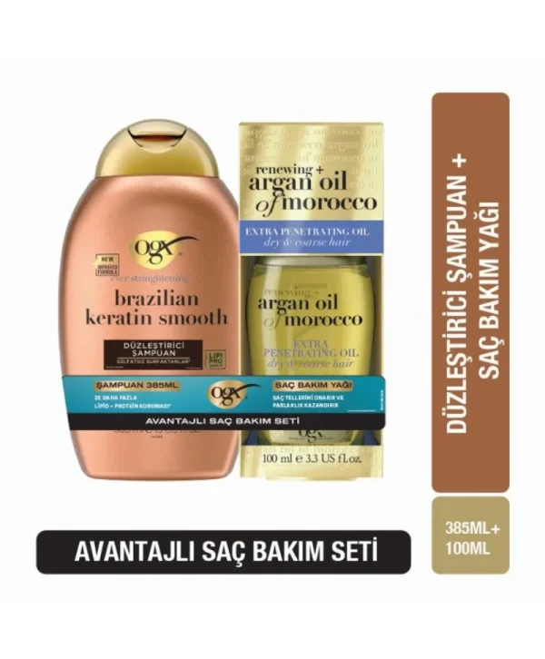 OGX Brezilya Keratin Şampuan 385 ml + Argan Yağı 100 ml