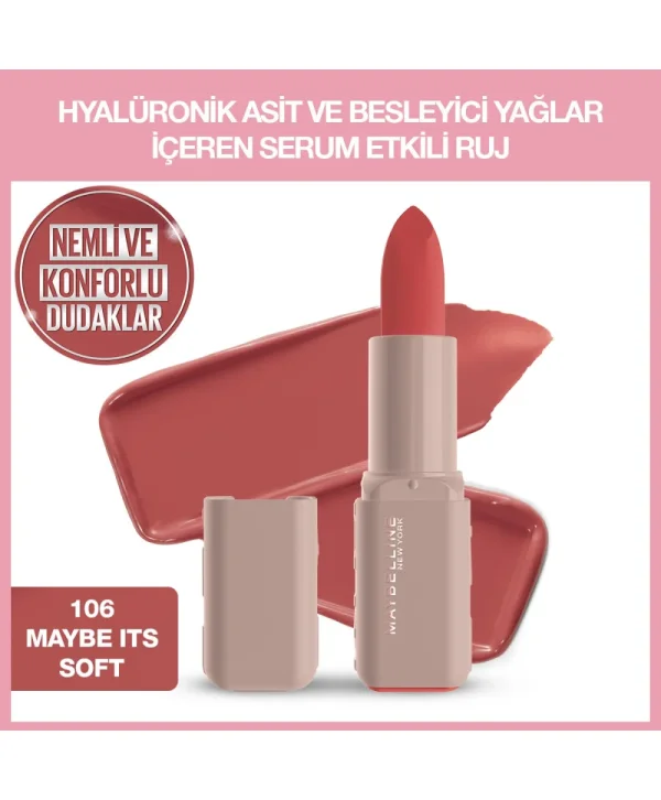 Maybelline New York Serum Etkili Hyaluronik Asit ve Besleyici Yağ İçeren Ruj Satin It's Soft 106