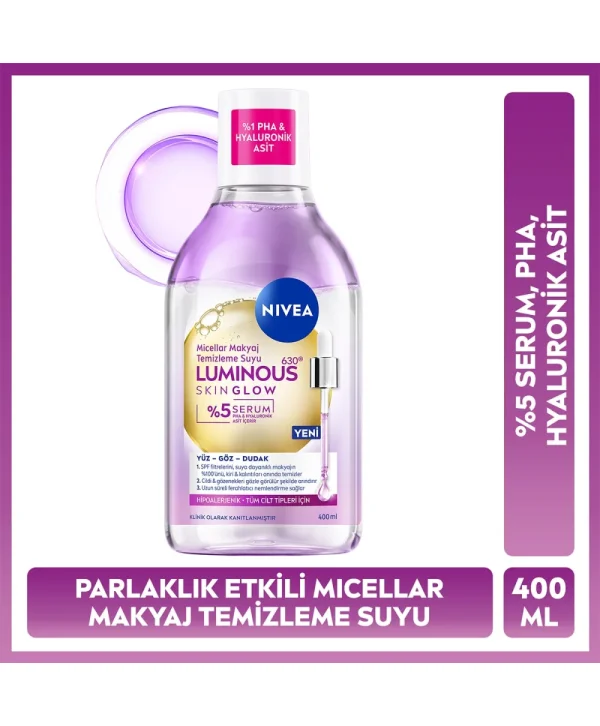 Nivea Luminous630 Skin Glow Parlaklık Etkili Serum İçerikli Micellar Makyaj Temizleme Suyu 400 ml